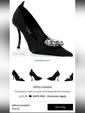 Jeffrey Campbell Black Satin Curved Heel Jewel Brooch Pumps